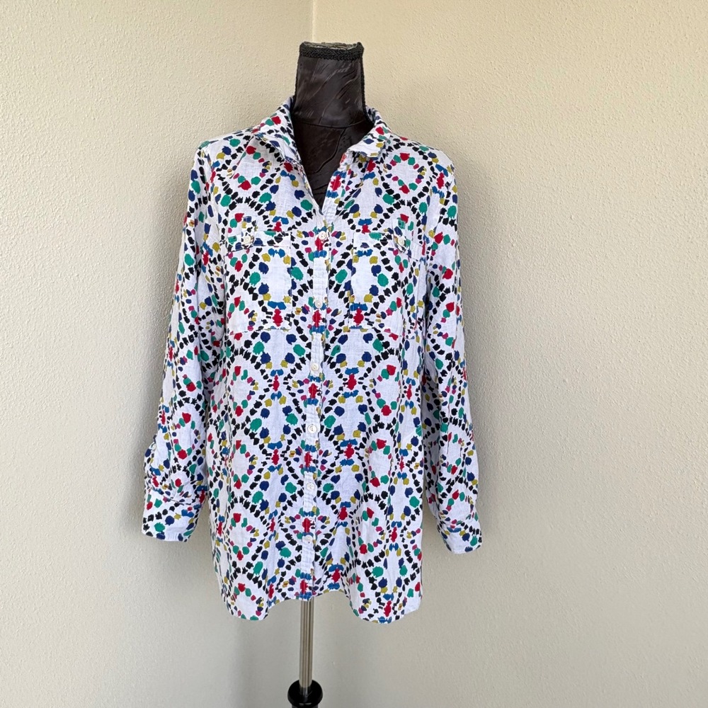 John Mark Geometric Dot 100% Linen Button Down Shirt M Multicolor